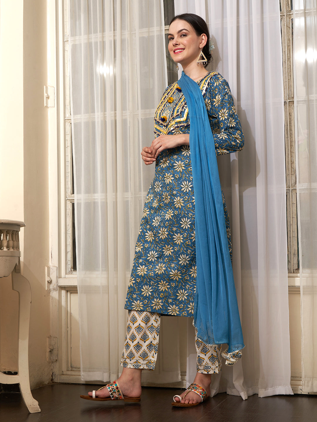 Aqua Bloom Turquoise Cotton Printed Kurta Pant with Dupatta Set Ethnic Wear for Women