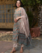 Silver Mist Grey Cotton Printed Kurta Pant with Dupatta Set Ethnic Wear for Women