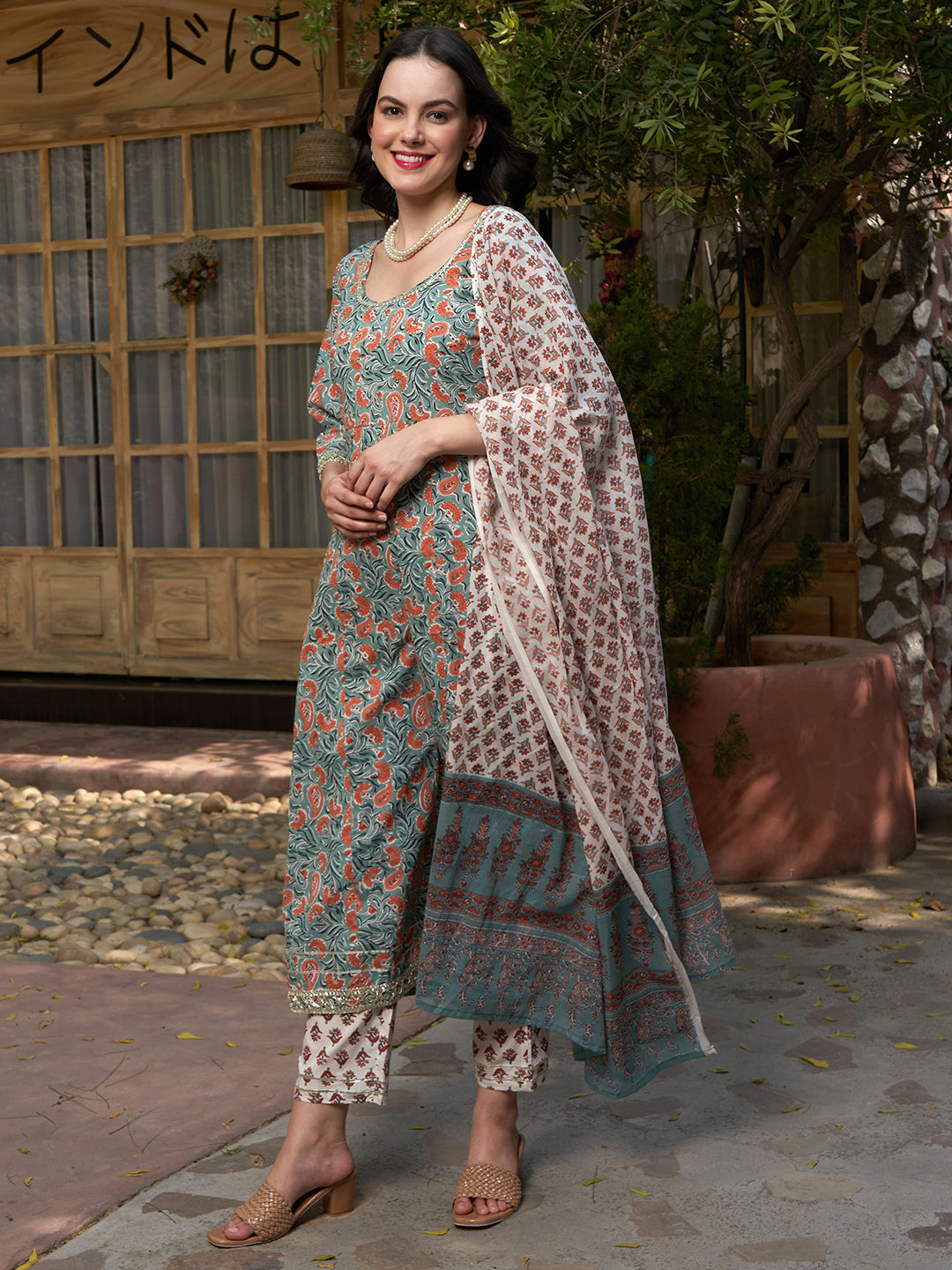 Silver Mist Grey Cotton Printed Kurta Pant with Dupatta Set Ethnic Wear for Women