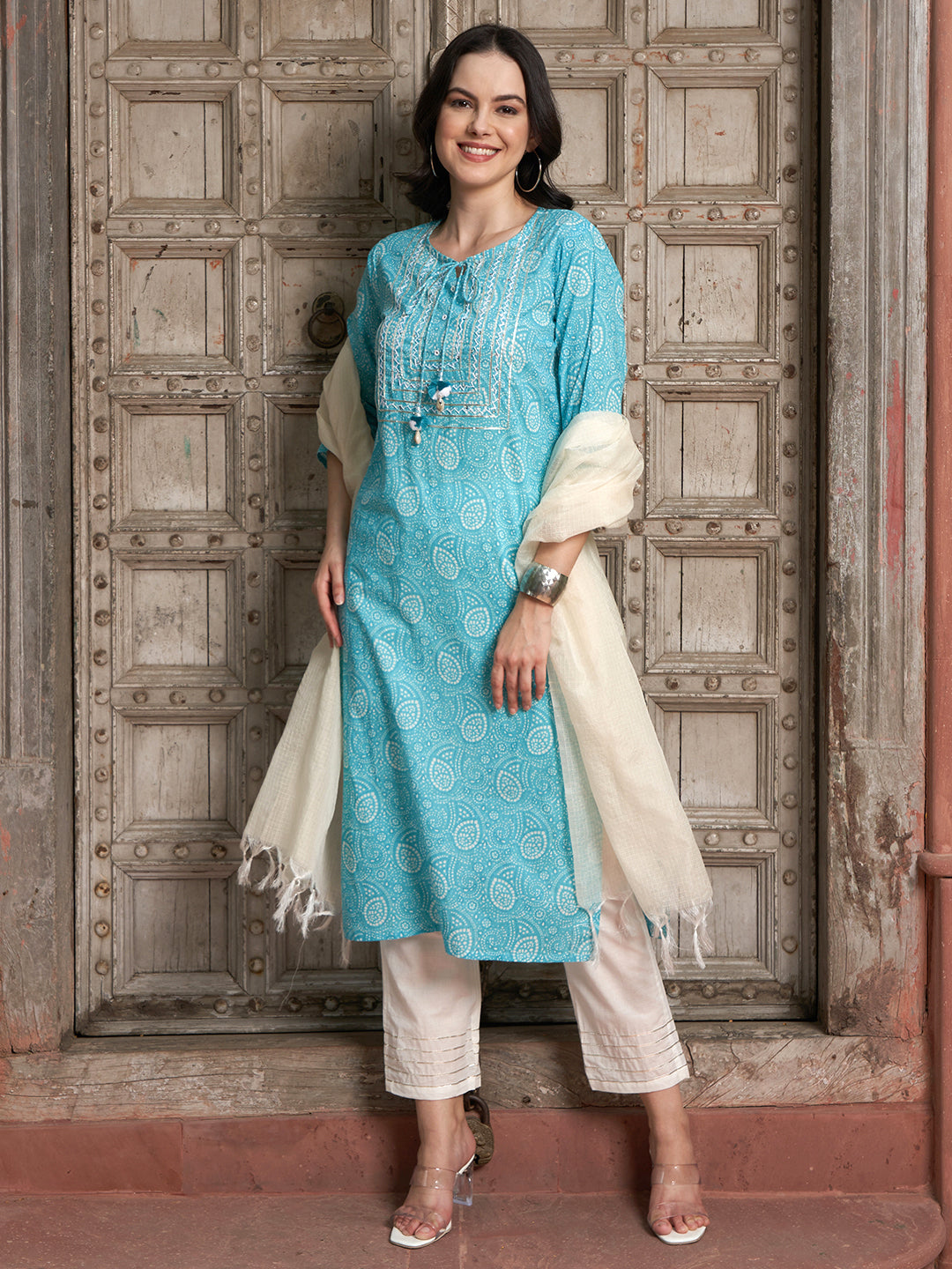 Turquoise Tranquil Cotton Printed Kurta Pant with Dupatta Set  Ethnic Wear for Women