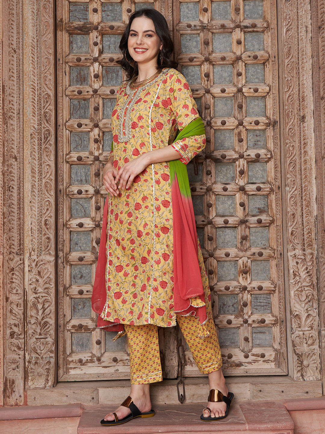 Apricot Aura Floral Printed Cotton Kurta Pant with Dupatta Set Ethnic Wear for Women