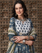 Navy Blue Floral Printed Pure Cotton Anarkali Kurta With Trouser & Dupatta