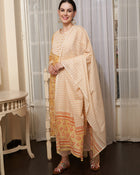 Saffron Spring Yellow Floral Printed Cotton Kurta Pant with Dupatta Set Ethnic Wear for Women