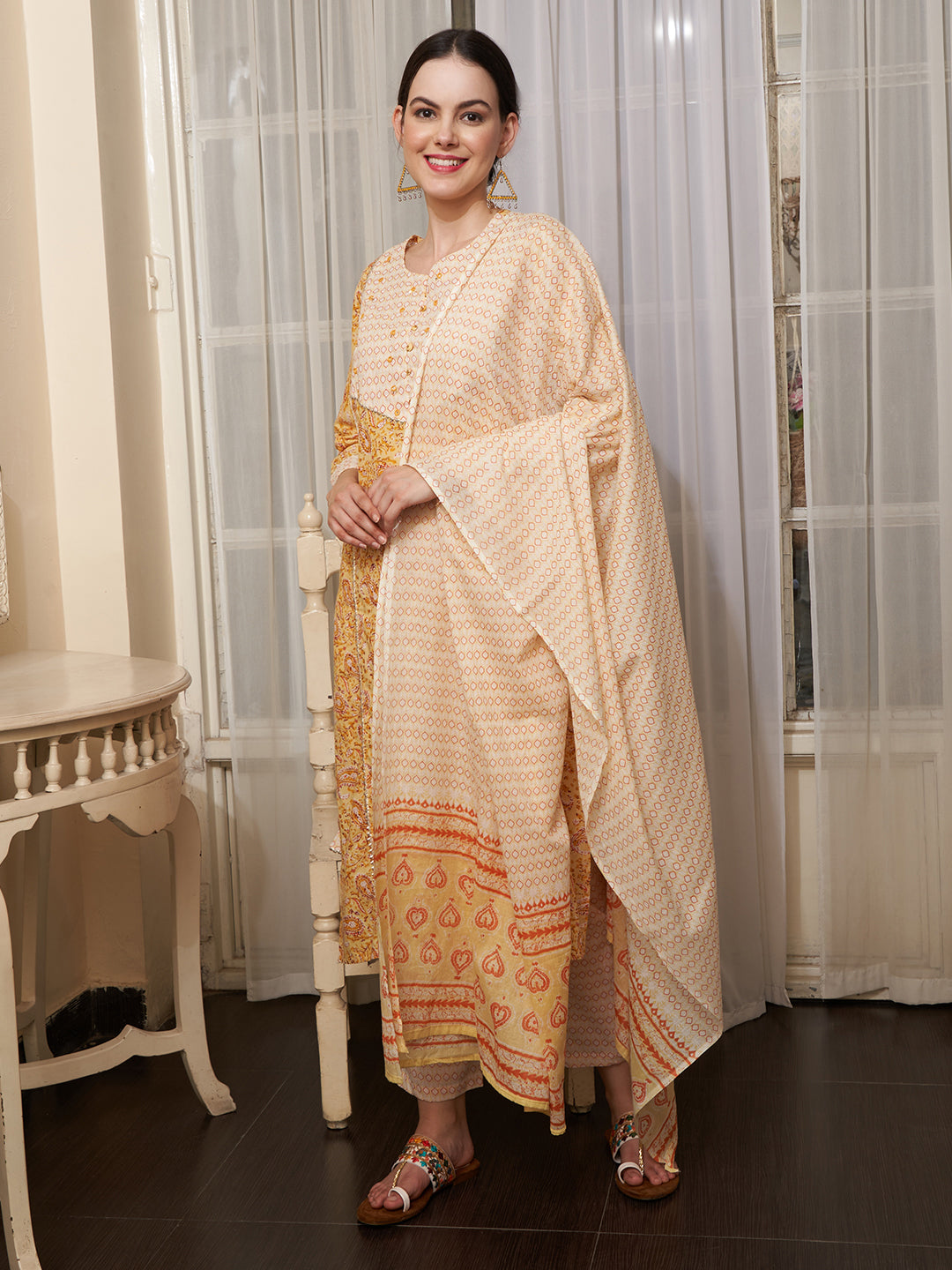 Saffron Spring Yellow Floral Printed Cotton Kurta Pant with Dupatta Set Ethnic Wear for Women