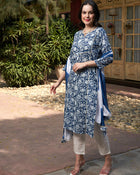 Blue Mirage Cotton Printed Kurta Pant with Dupatta Set Ethnic Wear for Women