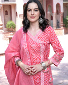 Pink Bandhani Printed Pure Cotton Angrakha Kurta With Trousers & Dupatta
