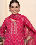 Printed & Embroidered Pure Cotton A-Line Kurta With Trouser & Dupatta