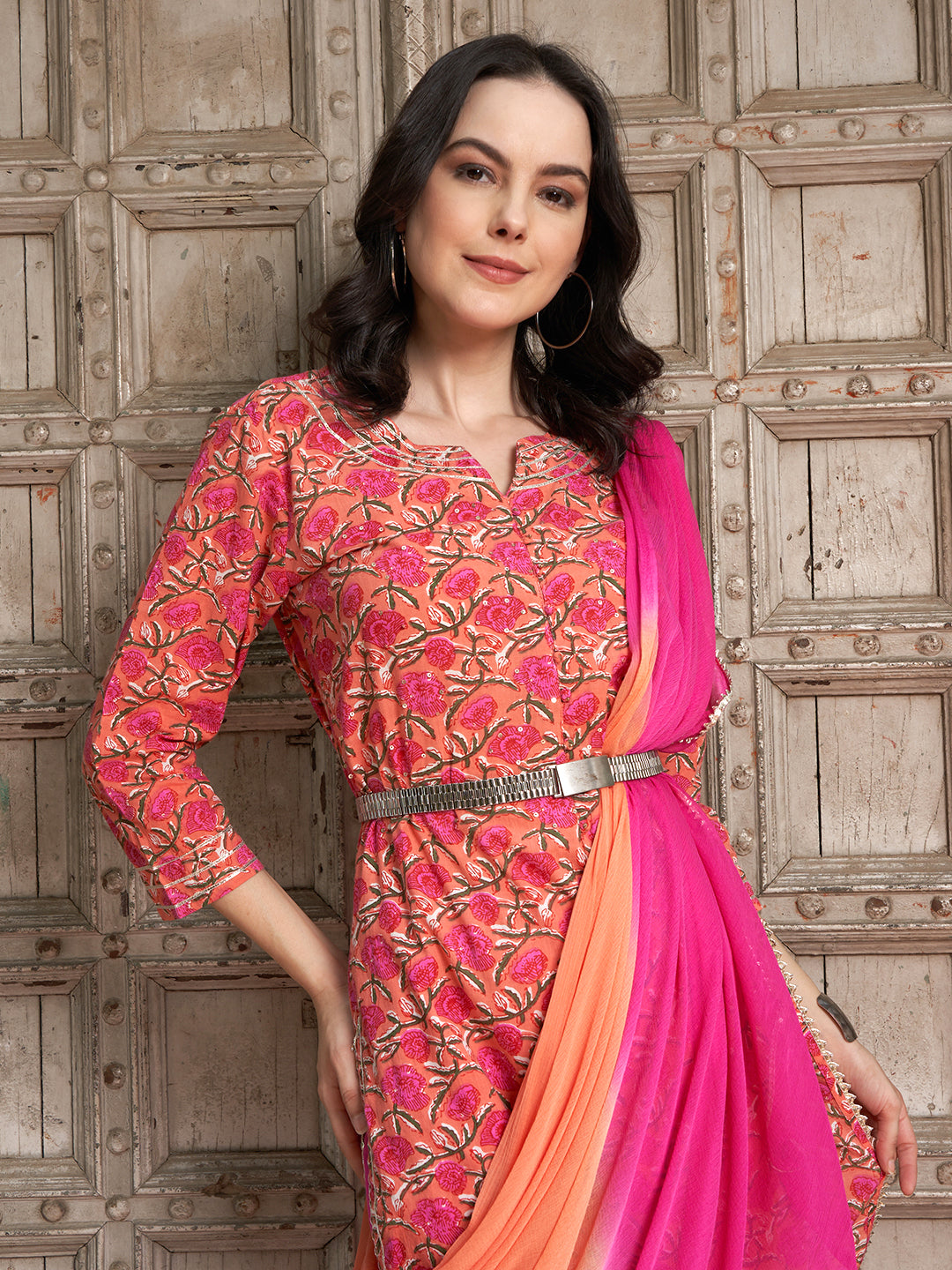 Orange Gotta Patti Straight Kurta Set – Cotton with Dupatta