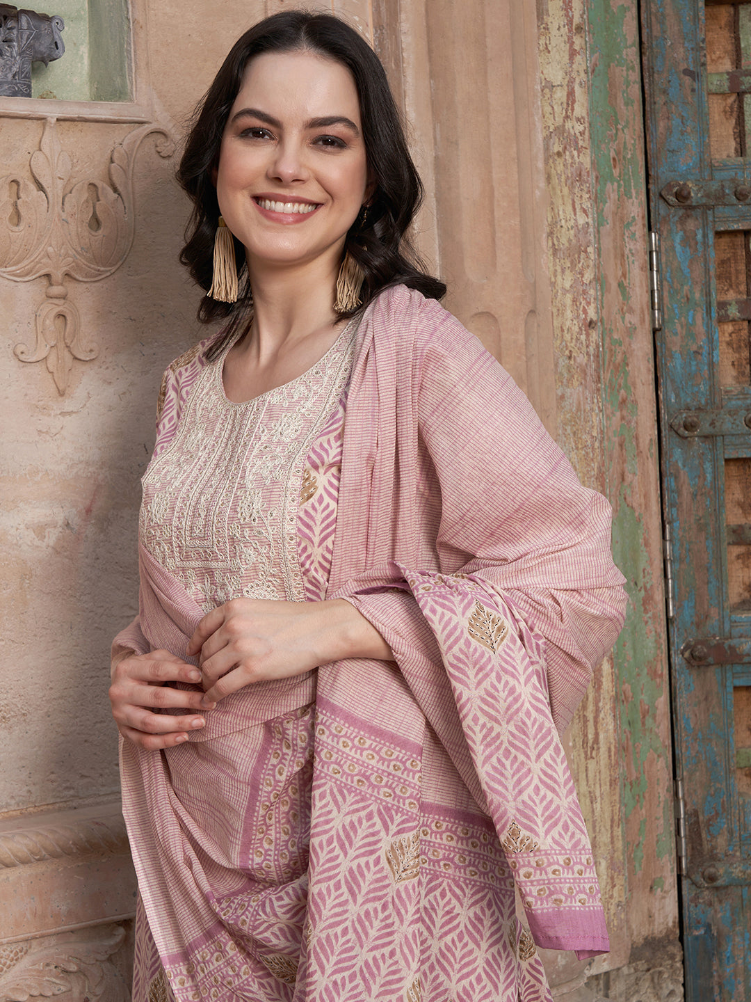 Mauve Floral Cotton Kurta Set – Churidar & Dupatta