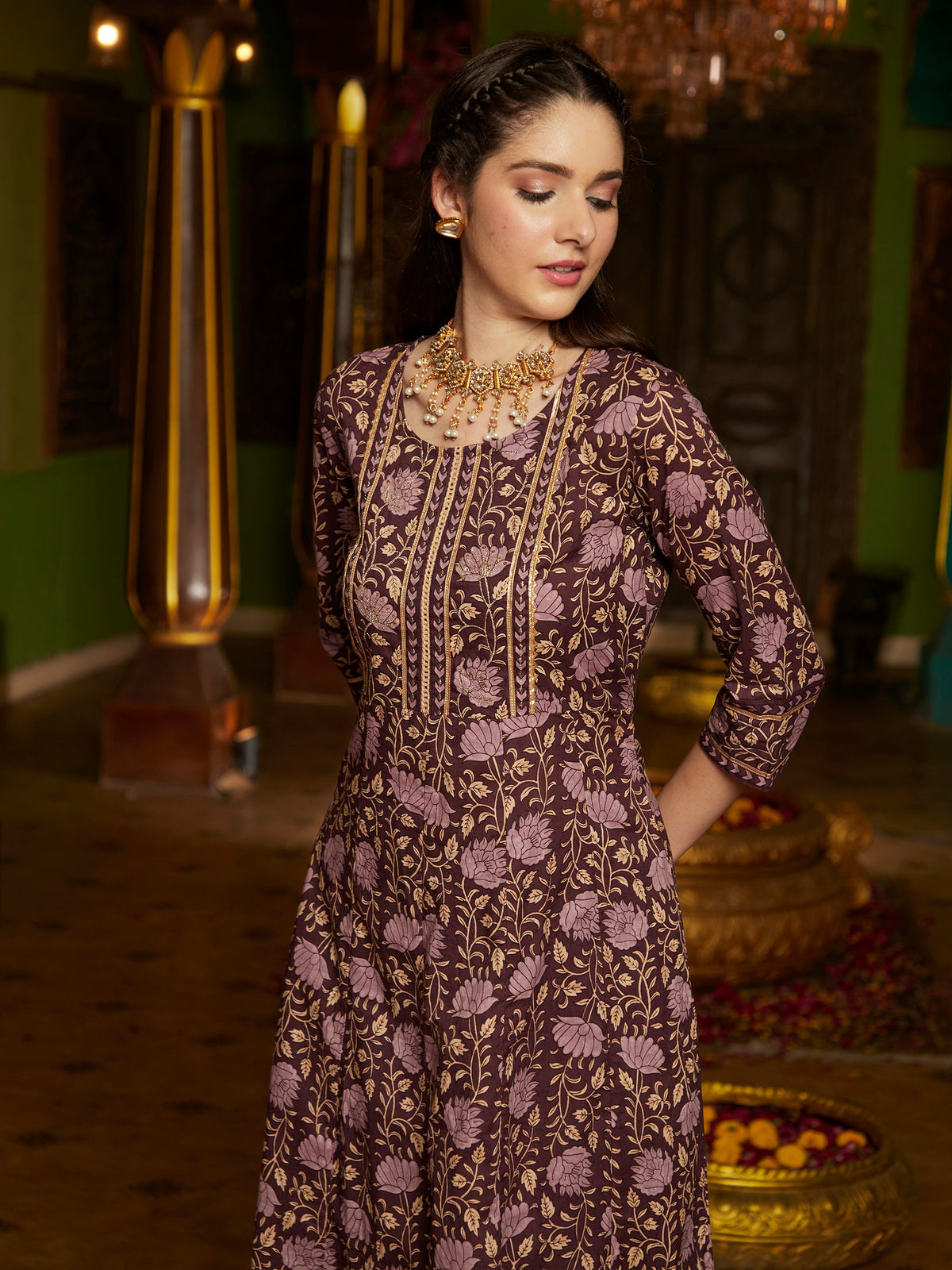 Purple Floral Printed Pure Cotton Anarkali Kurta & Trouser With Dupatta