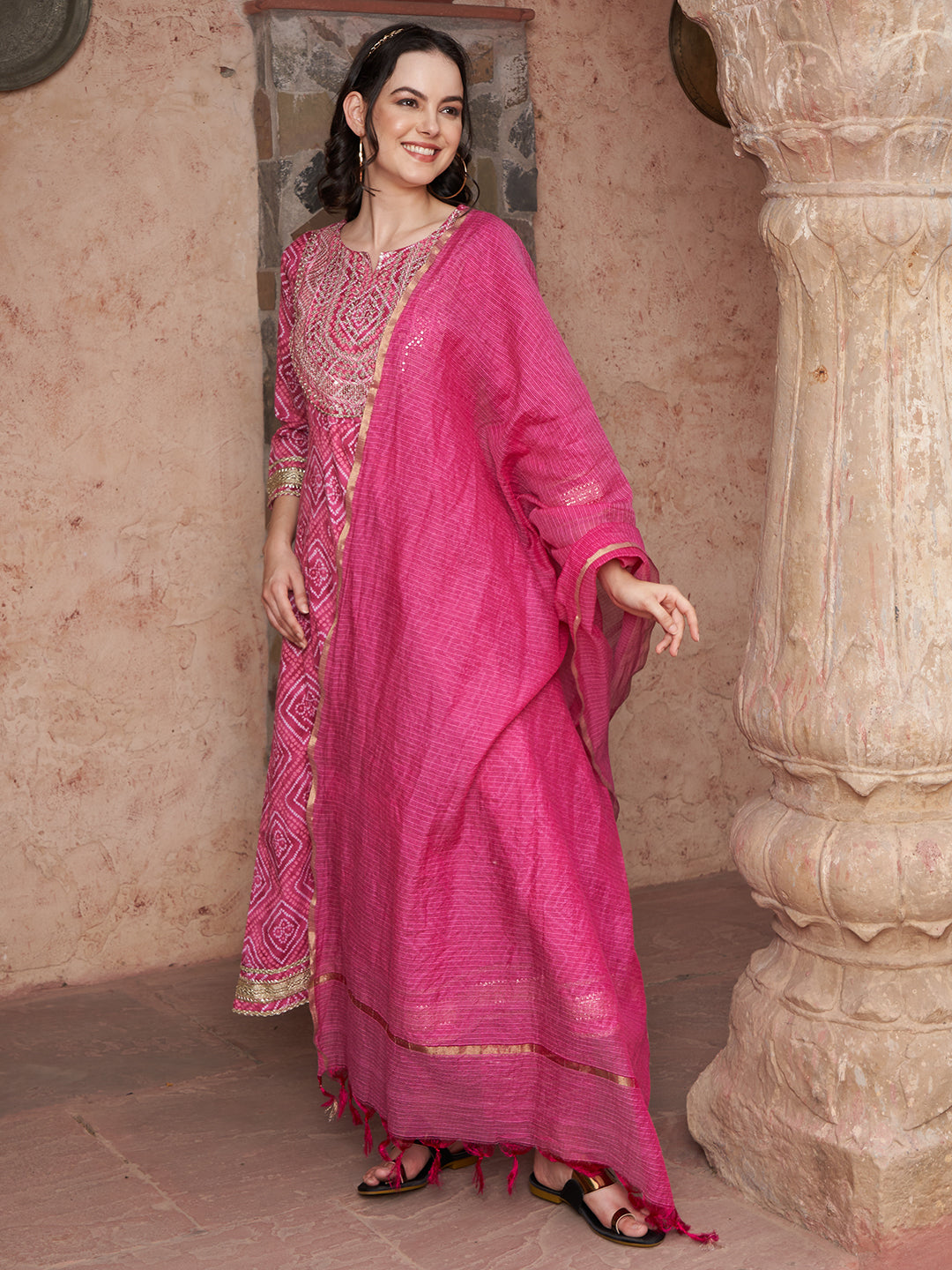 Bandhani Bloom Pink Printed Kurta Pant with Dupatta Set