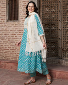 Ocean Mist Turquoise Cotton Printed Kurta Pant with Dupatta Set  Ethnic Wear for Women