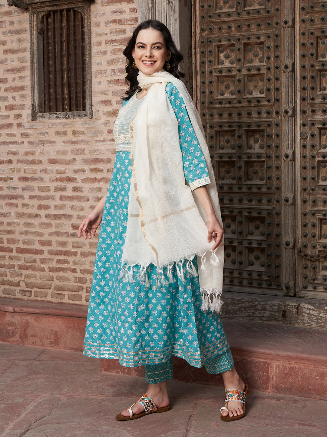 Ocean Mist Turquoise Cotton Printed Kurta Pant with Dupatta Set  Ethnic Wear for Women