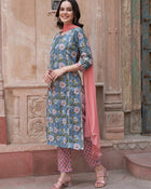 Blue Floral Gotta Patti Kurta Set – Cotton with Dupatta