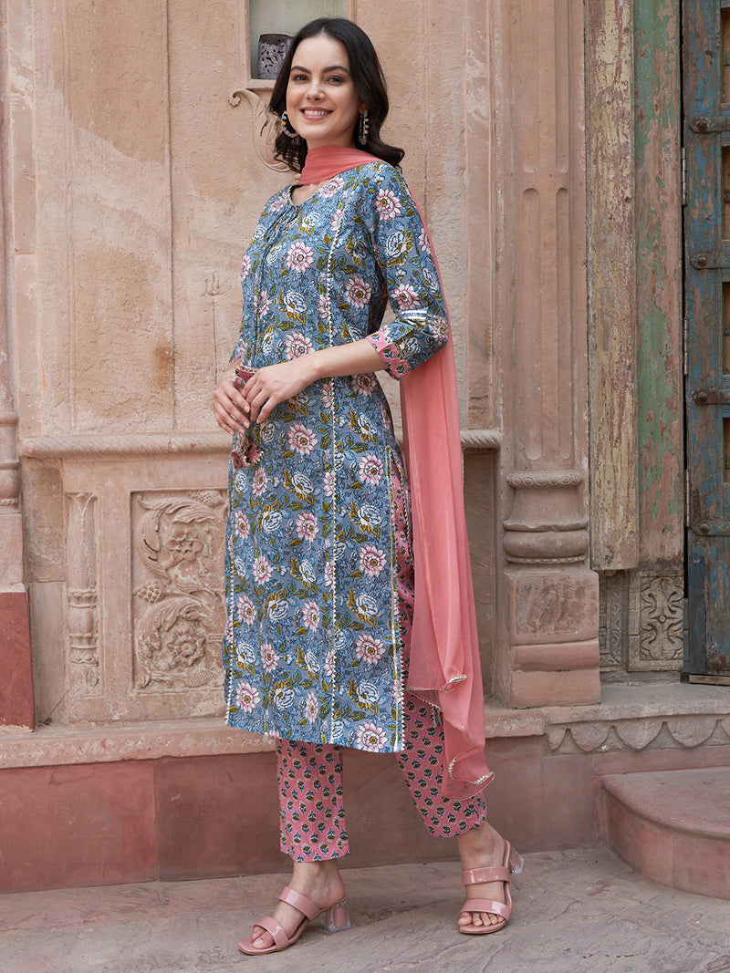 Blue Floral Gotta Patti Kurta Set – Cotton with Dupatta