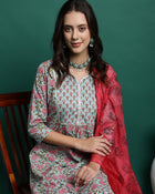 Sea Green Floral Printed Pure Cotton Kurta with Palazzos & Dupatta