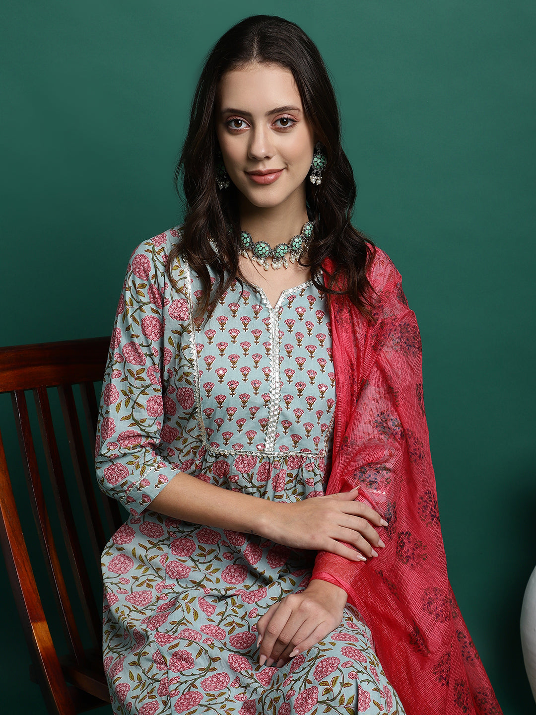 Sea Green Floral Printed Pure Cotton Kurta with Palazzos & Dupatta