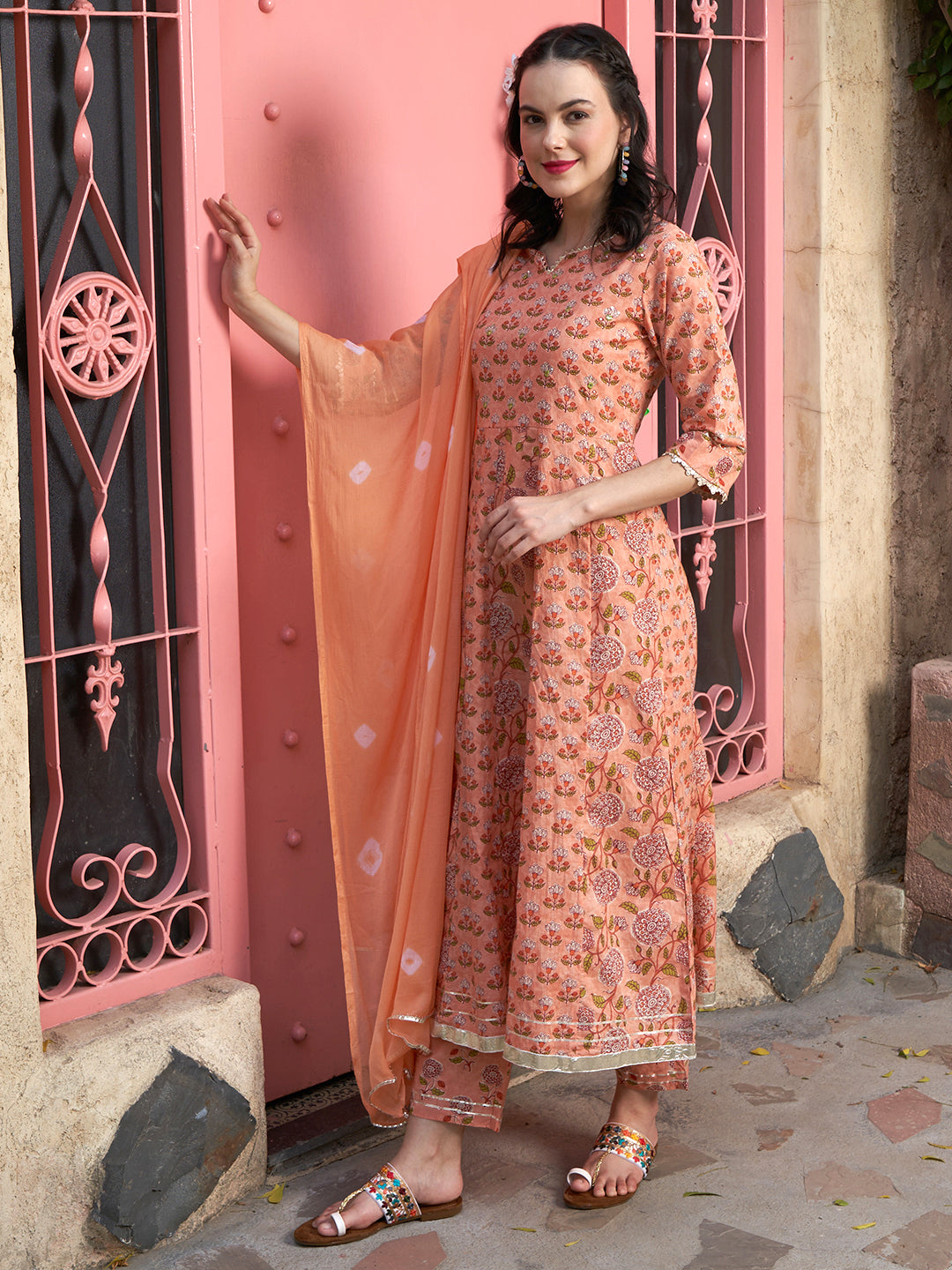 Peach Blossom Floral Printed Cotton Kurta Pant with Dupatta Set  Ethnic Wear for Women