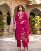 Fuchsia Bloom – Embroidered Straight Kurta Pant with Dupatta Set