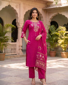 Fuchsia Bloom – Embroidered Straight Kurta Pant with Dupatta Set