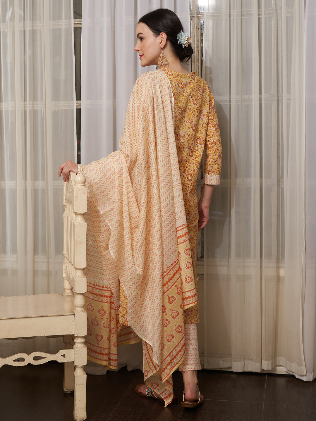 Saffron Spring Yellow Floral Printed Cotton Kurta Pant with Dupatta Set Ethnic Wear for Women