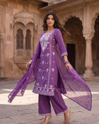 Royal Lavender – Embroidered Straight Kurta Pant with Dupatta Set