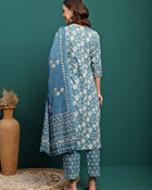 Bluebell Charm Floral Printed Gotta Patti Pure Cotton A-Line Kurta With Trouser & Dupatta Set