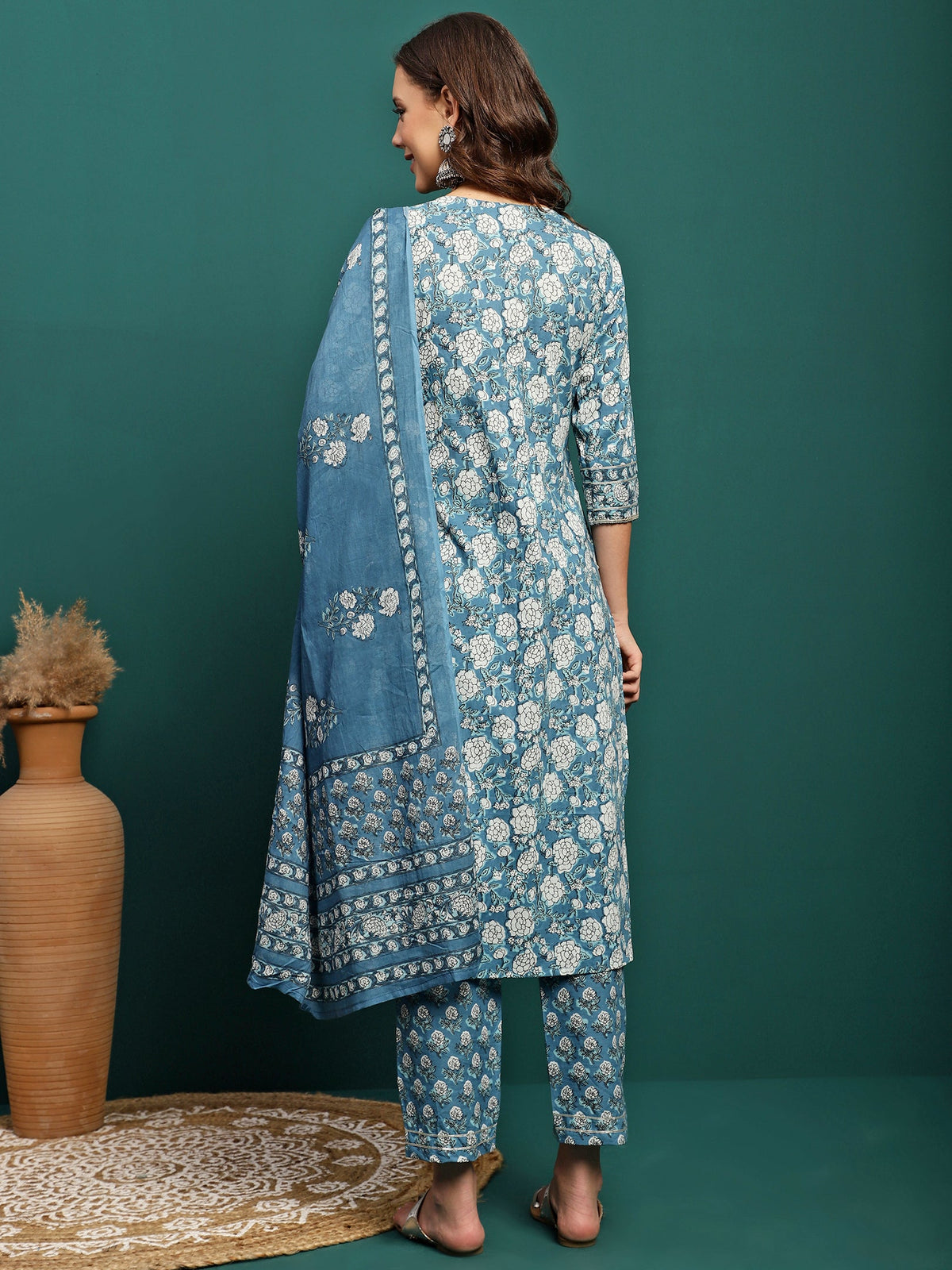 Bluebell Charm Floral Printed Gotta Patti Pure Cotton A-Line Kurta With Trouser & Dupatta Set