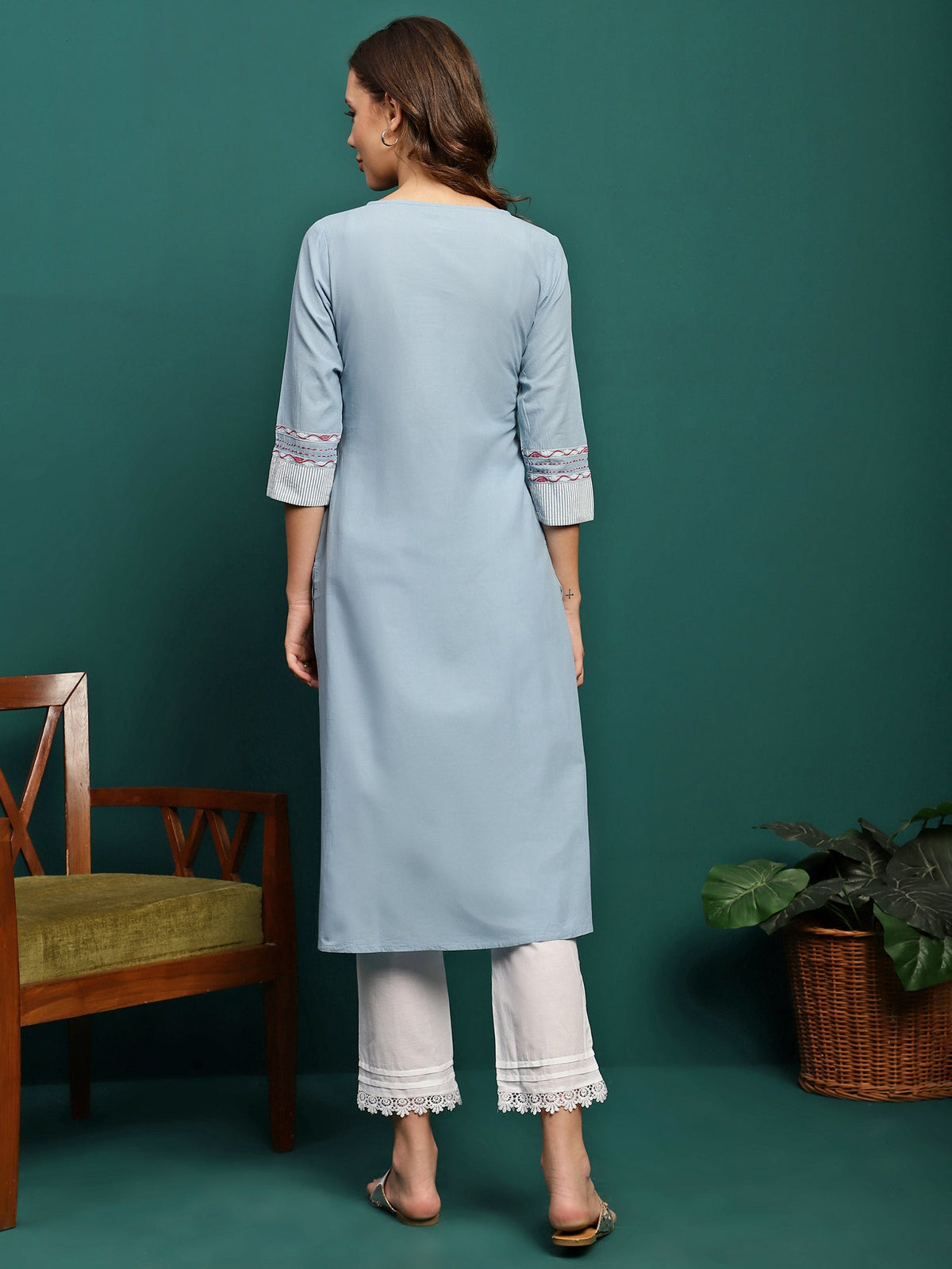 Embroidered Pure Cotton A-Line Kurta With Trouser Set