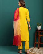Golden Thread Embroidered Round-Neck Straight Kurta With Trousers & Dupatta
