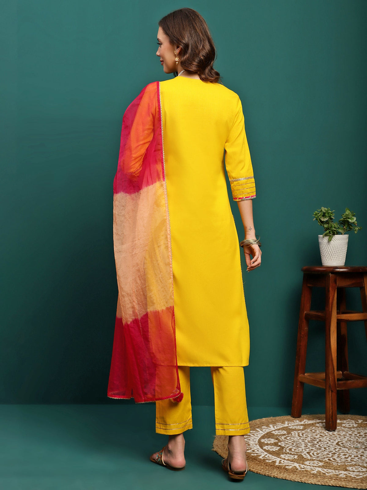 Golden Thread Embroidered Round-Neck Straight Kurta With Trousers & Dupatta