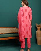 Blush Bloom Printed Pure Cotton Straight Kurta With Trouser & Dupatta Set