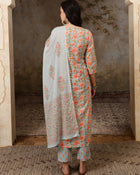 Neelika Floral Printed Blue Cotton Kurta with Trousers & Dupatta