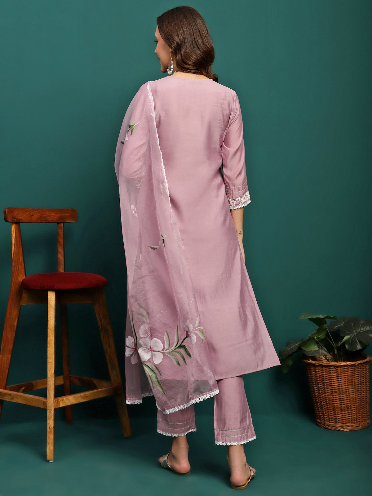 Orchid Bloom Embroidered Round-Neck Kurta With Trouser & Dupatta
