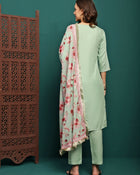 Mint Mirage Floral Embroidered Kurta & Trouser With Dupatta Set