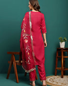Aurora Thread Floral Embroidered Round-Neck Straight Kurta With Trousers & Dupatta
