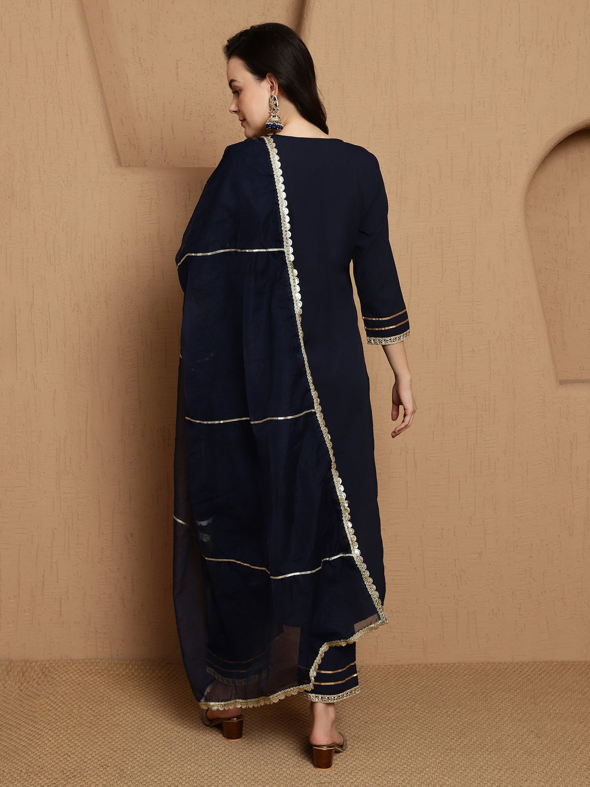 Ebon Weave Floral Embroidered Straight Kurta & Trousers With Dupatta
