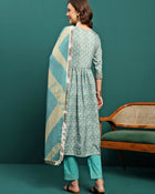 Gleam Garden Floral Printed Pleated Mirror Work A-Line Kurta With Trouser & Dupatta