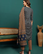 Ocean Drift Printed Pure Cotton Straight Kurta With Trouser & Dupatta Set