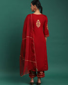 Scarlet Majesty Embroidered 3-Piece Kurta Trouser & Dupatta Set