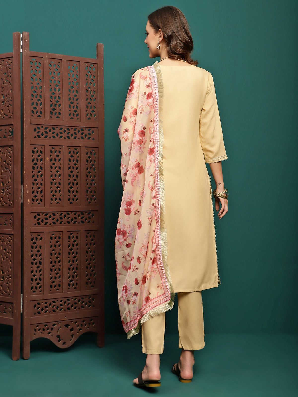 Lunar Taupe Embroidered Straight Kurta Pant with Dupatta Set