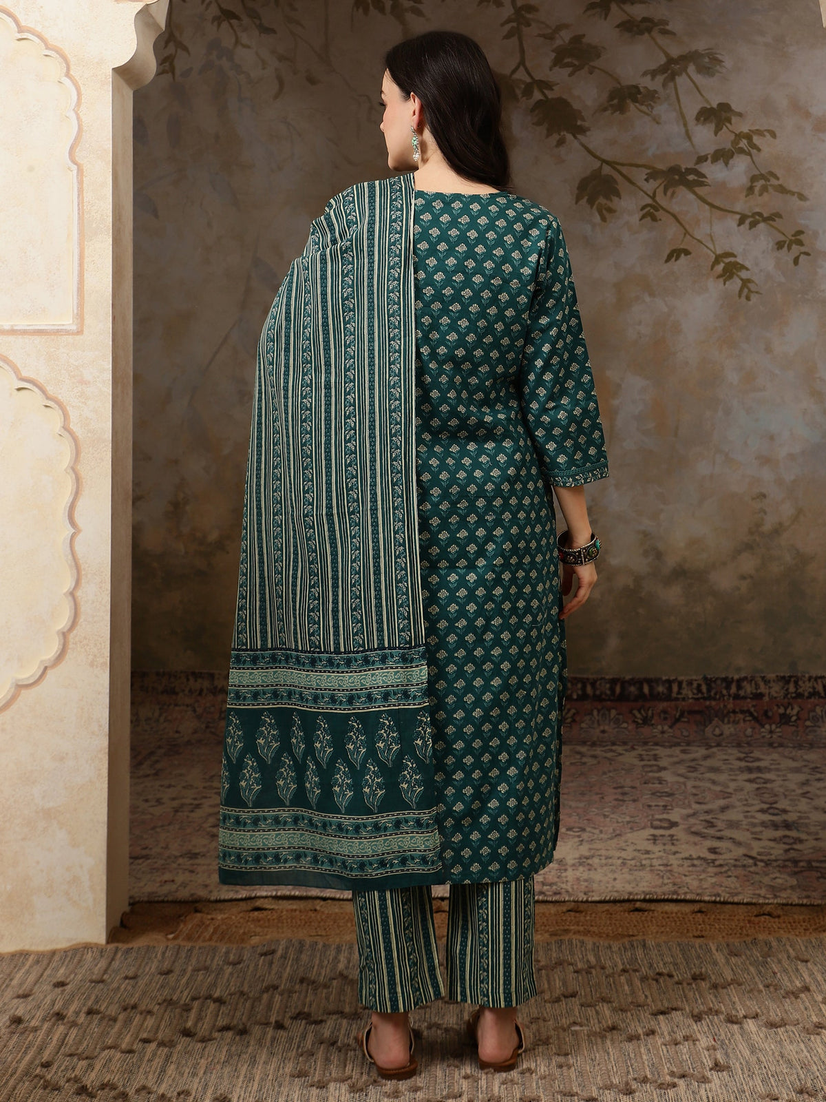 Meher Floral Printed Mirror Work Pure Cotton Straight Kurta Set with Trousers & Dupatta