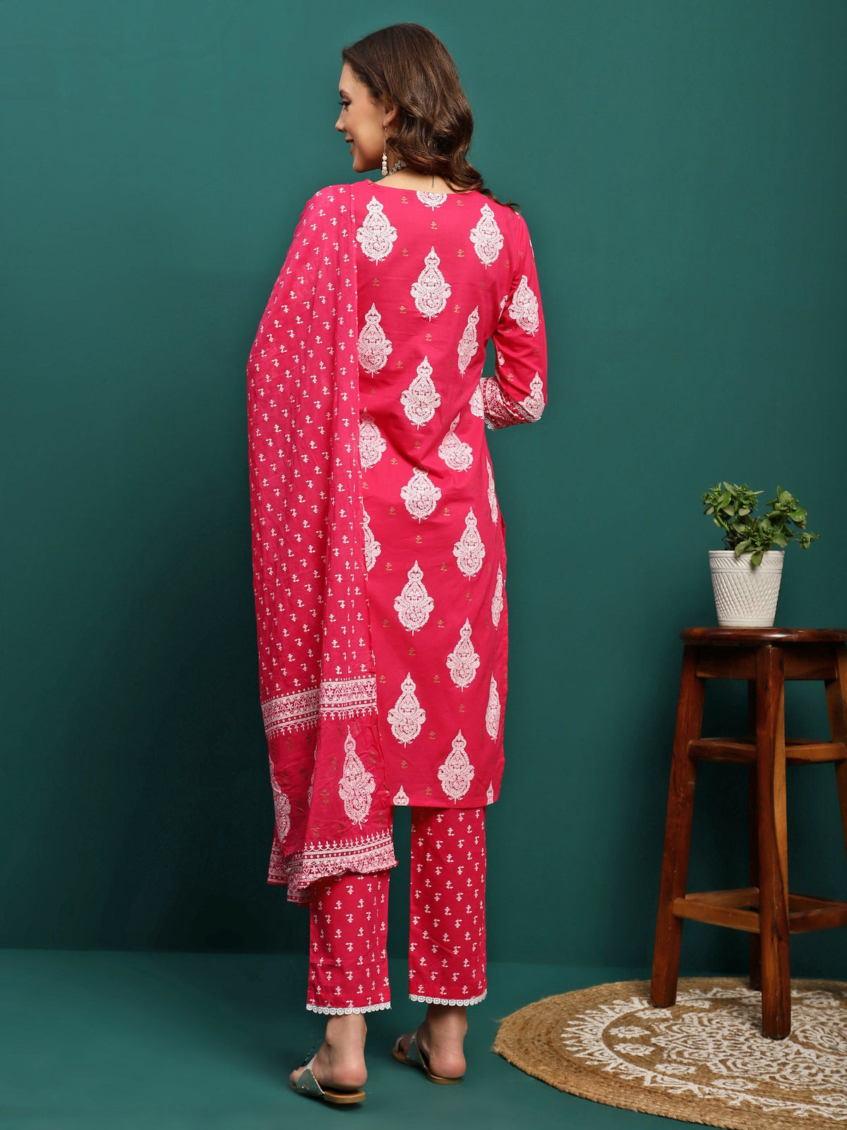 Rosy Veil Printed Pure Cotton Straight Kurta With Trouser & Dupatta Set