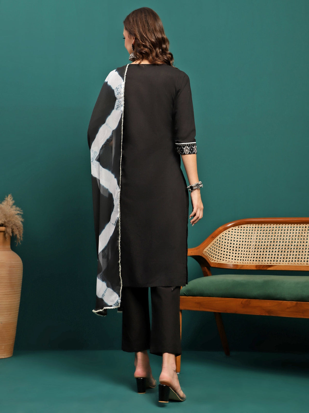 Noir Weave Geometric Yoke Pure Cotton Straight Kurta With Trouser & Dupatta