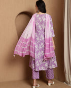 Lavender Bloom Floral Printed Notch Neck Pure Cotton Anarkali Kurta & Trousers With Dupatta