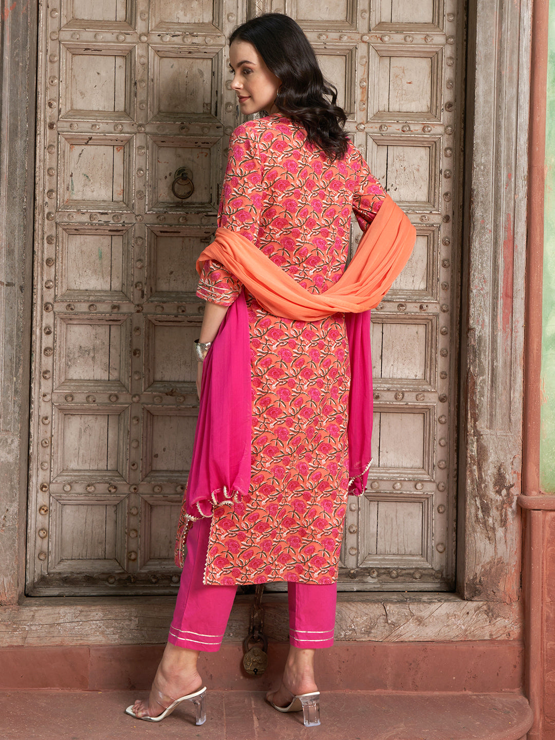 Orange Gotta Patti Straight Kurta Set – Cotton with Dupatta