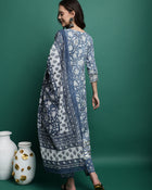 Blue Printed Thread Work Pure Cotton Empire A-Line Kurta with Trousers & Dupatta