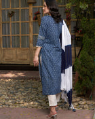 Sapphire Bloom Blue Cotton Printed Kurta Pant with Dupatta Set Ethnic Wear for Women