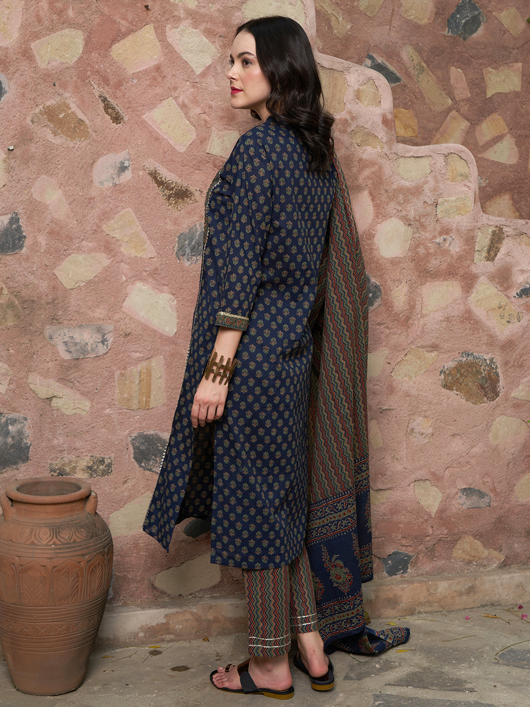Moonlit Indigo Cotton Printed Kurta Pant with Dupatta Set Ethnic Wear for Women