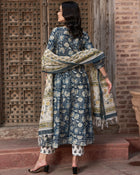 Navy Blue Floral Printed Pure Cotton Anarkali Kurta With Trouser & Dupatta